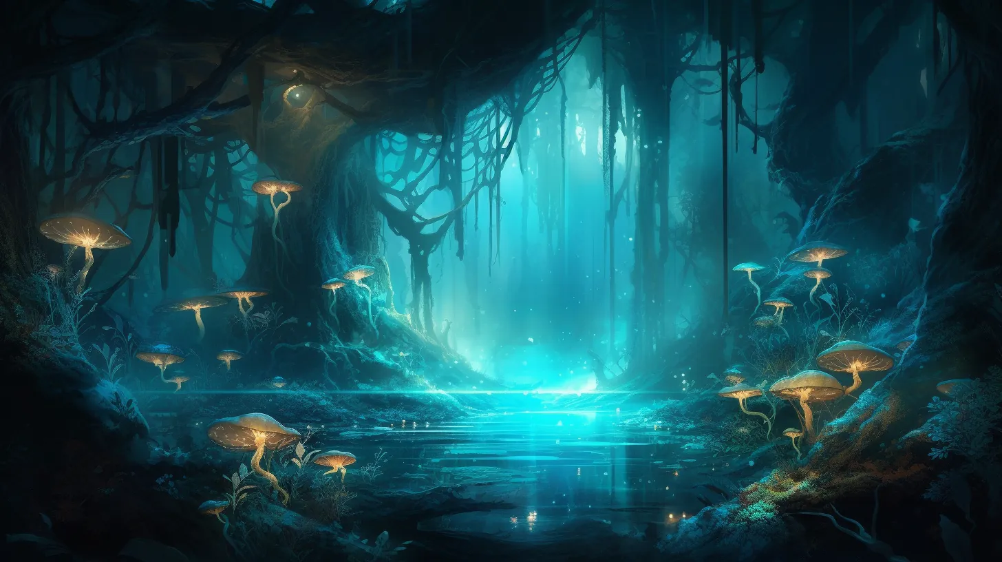 Mystical forest with bioluminescent flora, ancient twisted trees, ethereal mist, and magical creatures