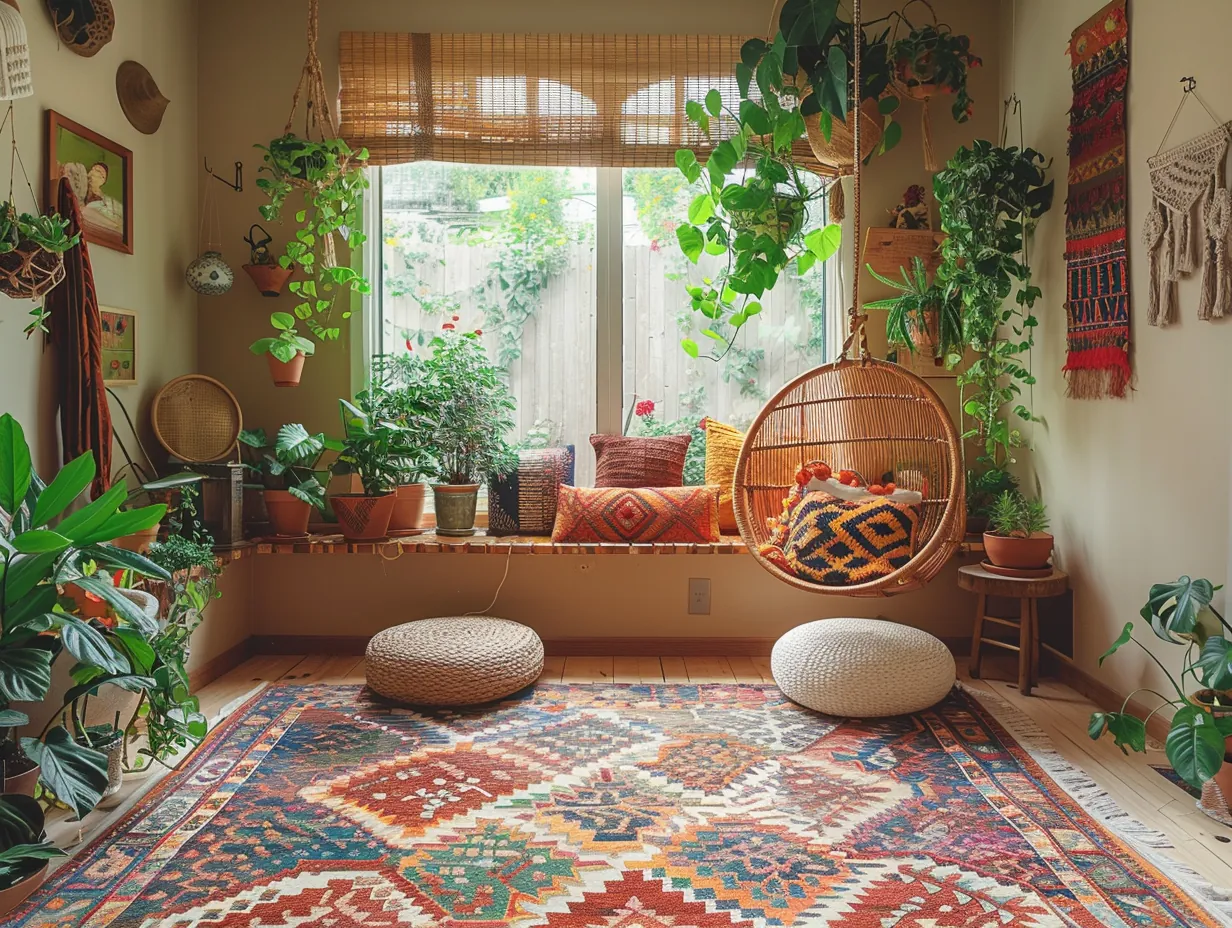 Eclectic bohemian sunroom with colorful rugs, rattan furniture, plants, and macramé wall hangings
