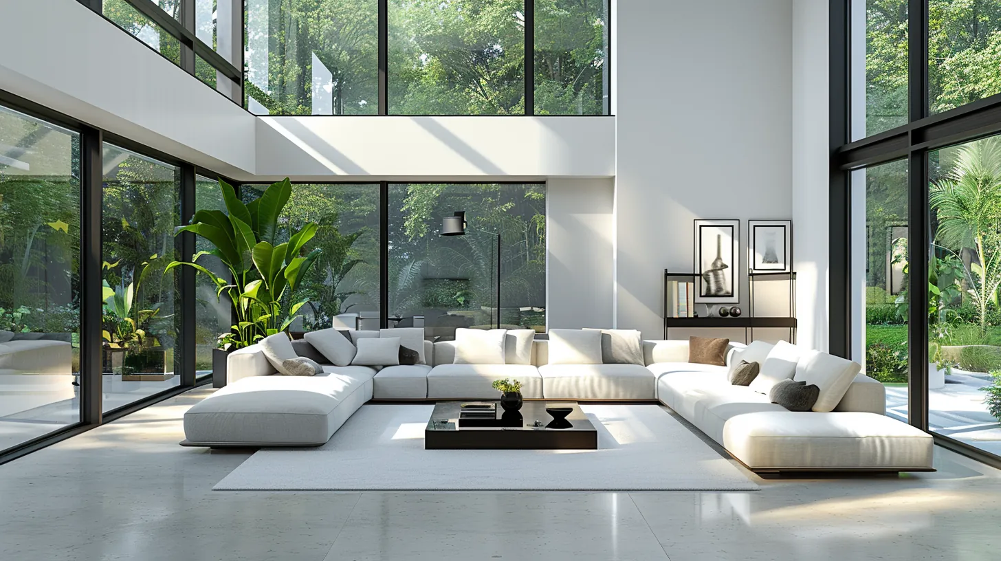Minimalist living room with floor-to-ceiling windows, white walls, concrete floors, and modern furniture