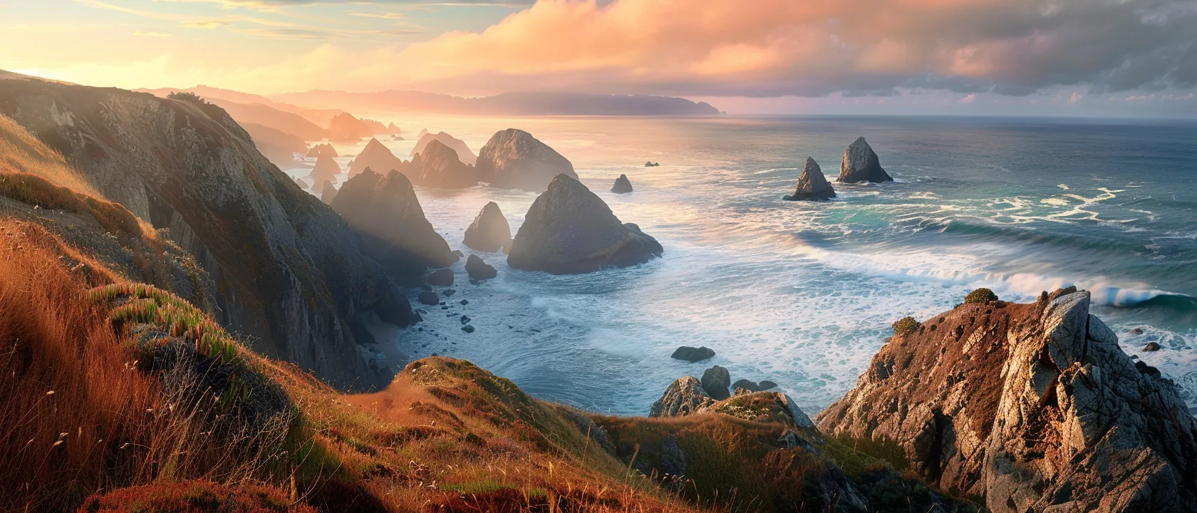 Dramatic coastal cliffs at sunset with rugged rock formations