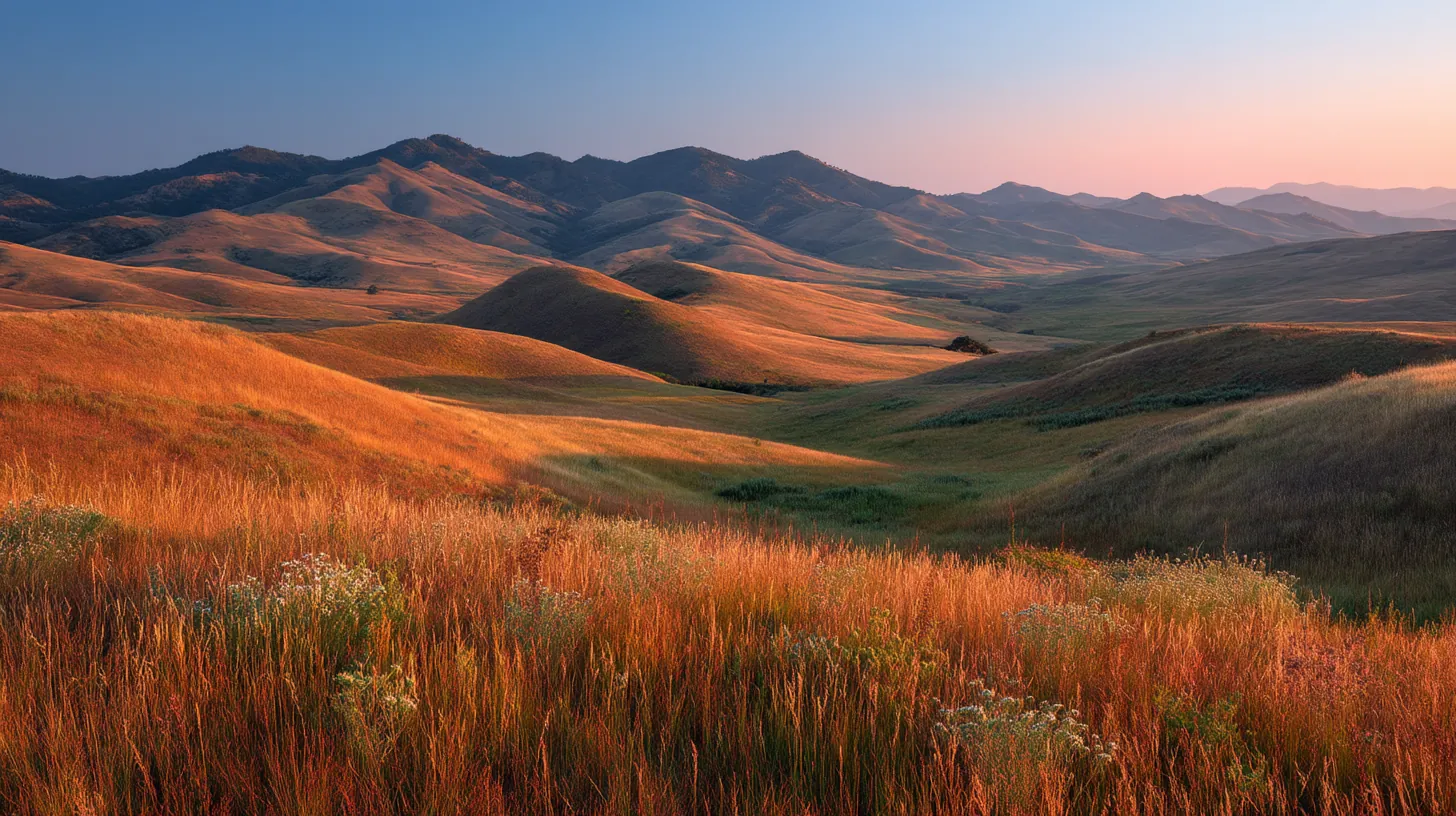 Golden hour rolling hills meadow landscape with warm golden light washing over grass, gradient sky from orange to cool blue, and rich warm/cool color contrast