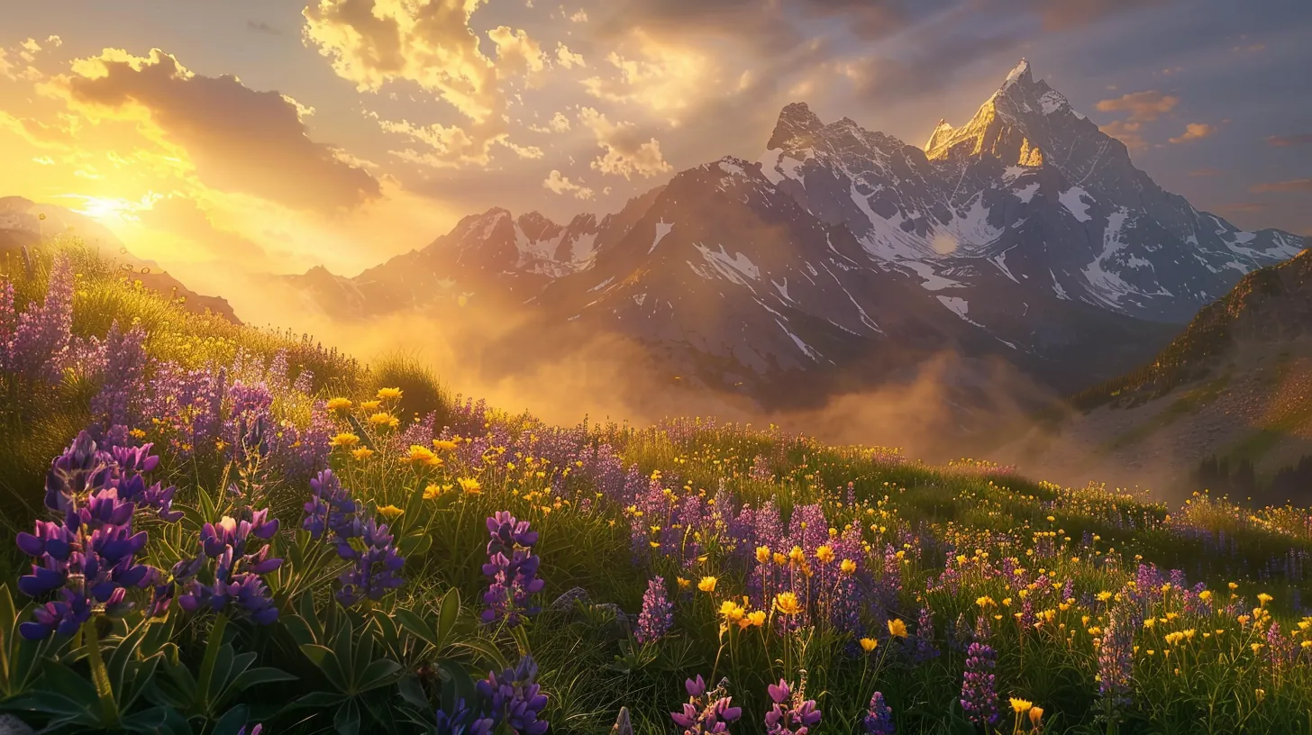 Epic alpine mountain landscape at golden hour with snow-capped jagged peaks