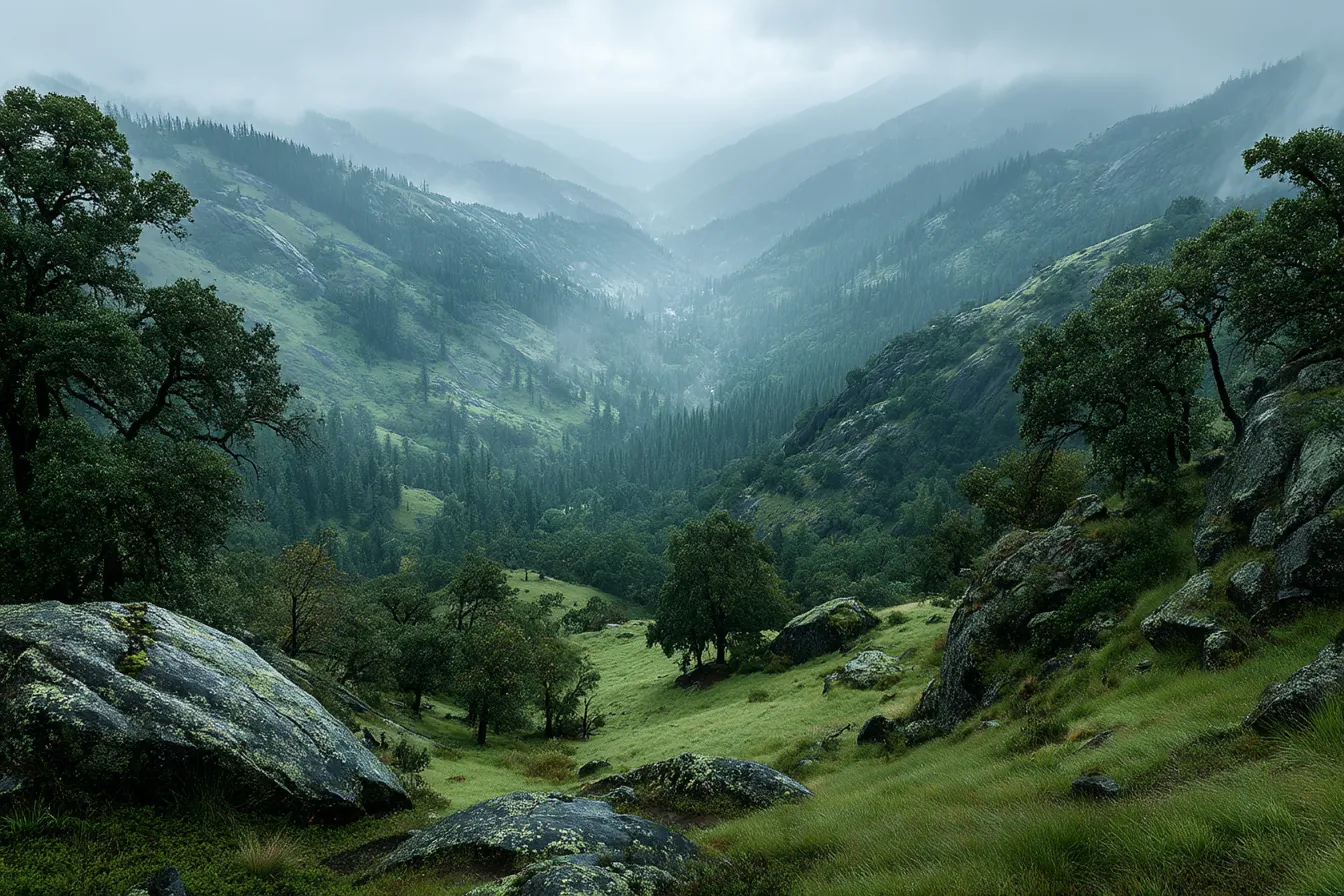 Overcast misty valley landscape with neutral diffused light, desaturated muted earth tones, low contrast, and moody atmospheric gradient colors