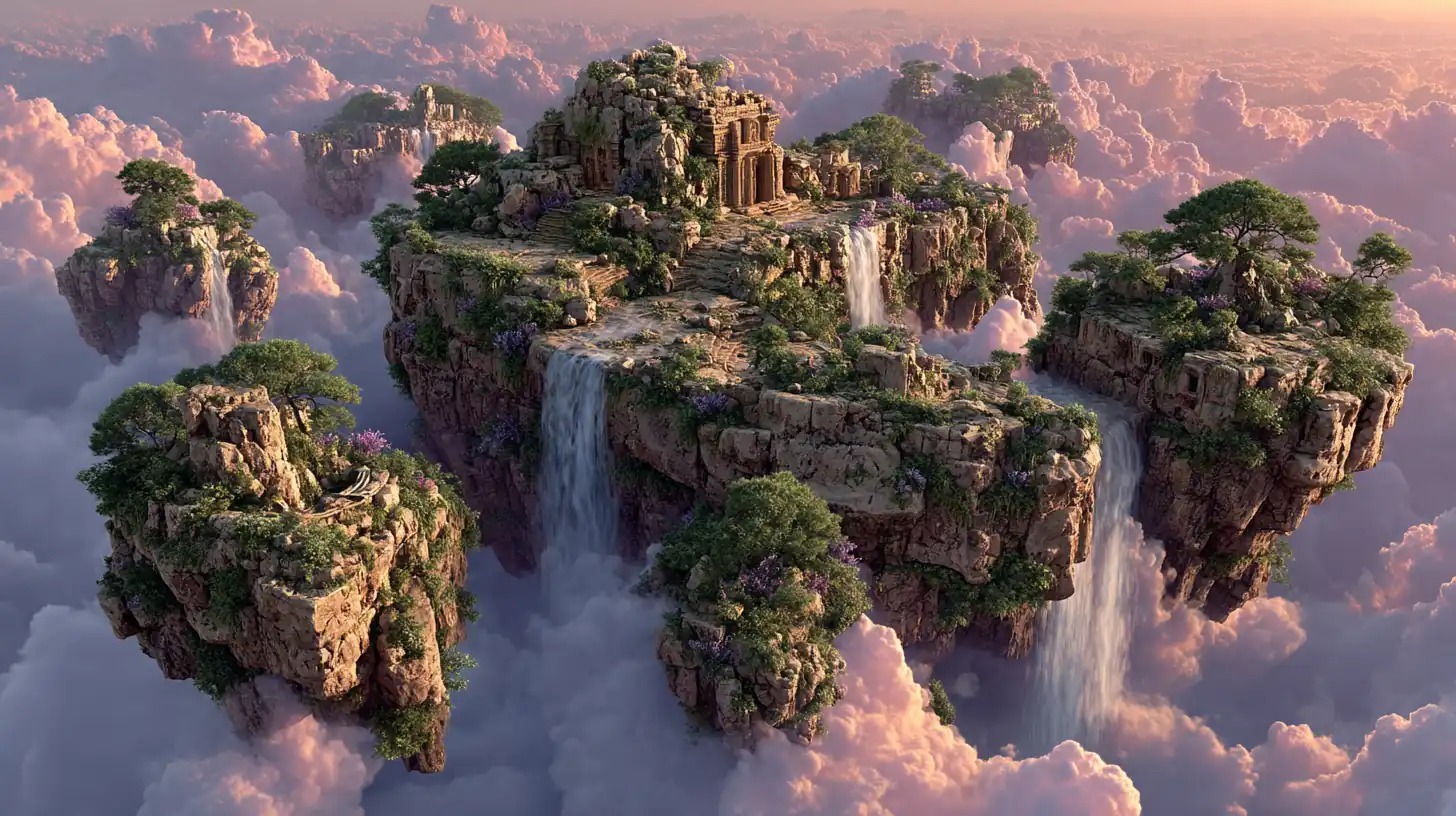 Midjourney fantasy landscape featuring floating islands with waterfalls and glowing ancient ruins