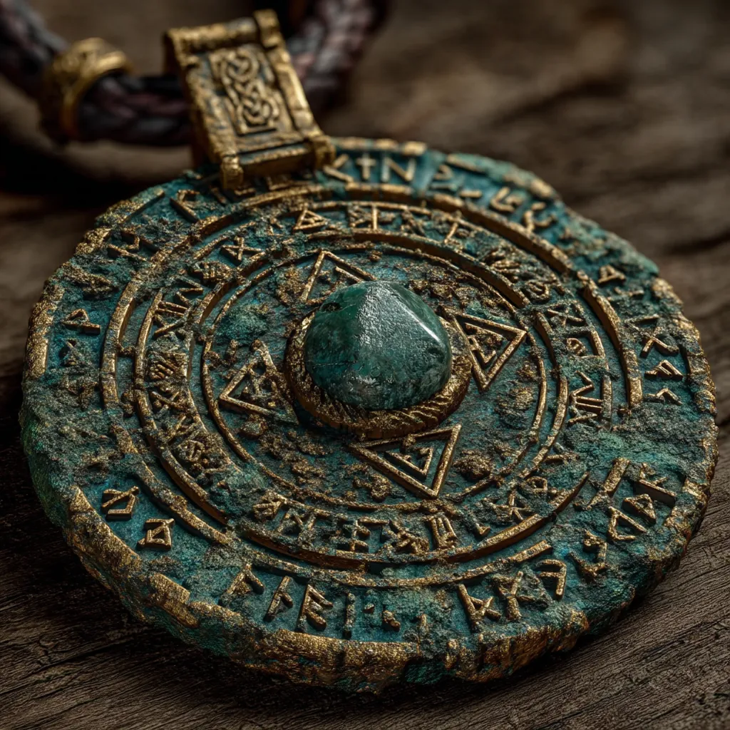 Ancient Norse runic amulet with glowing symbols and aged bronze metal