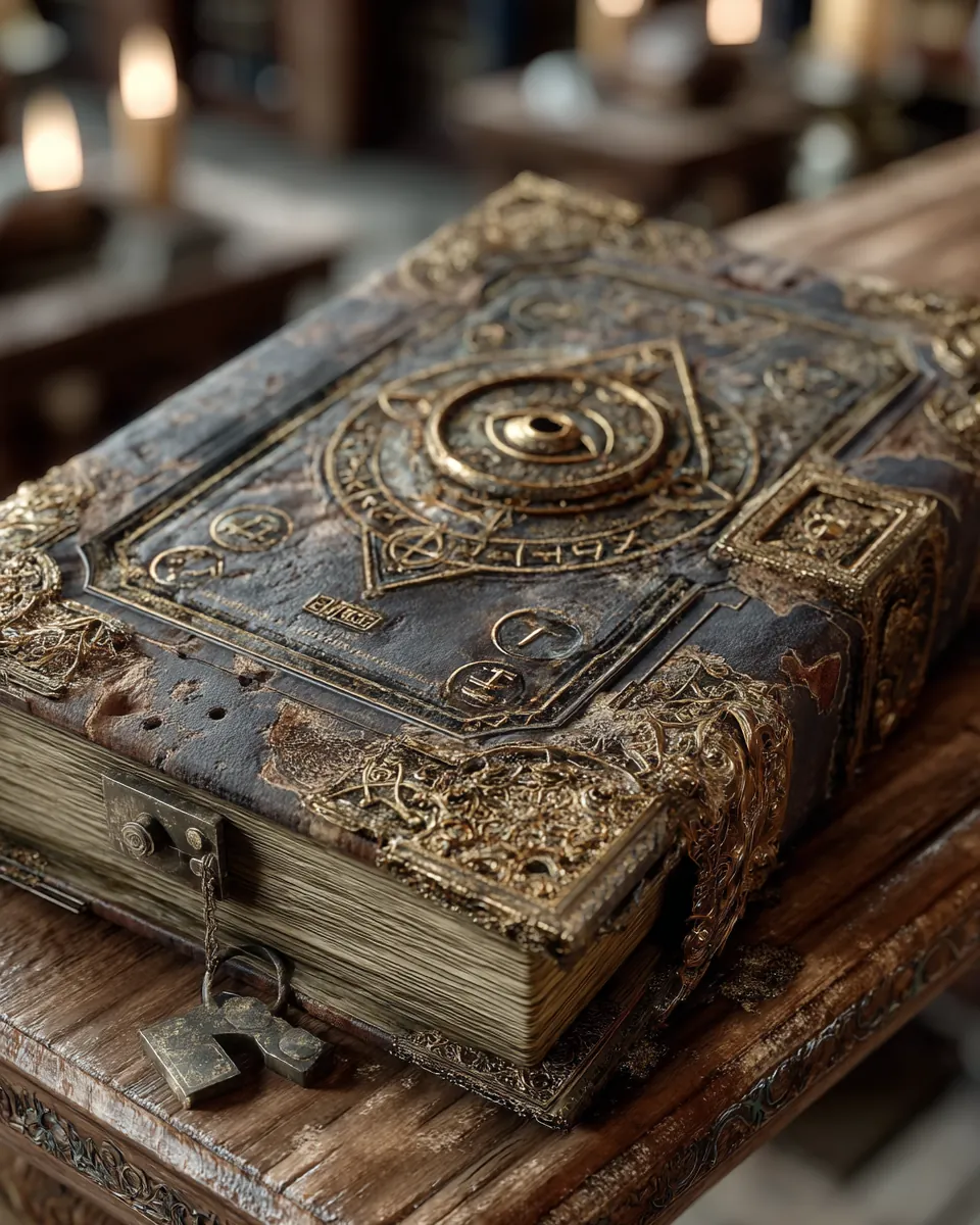 Ancient leather-bound grimoire with glowing runes and mystical energy emanating from pages