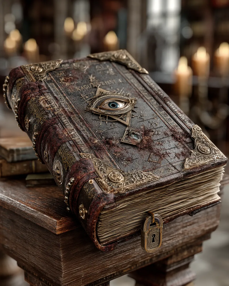 Forbidden tome with aged vellum pages and floating magical script