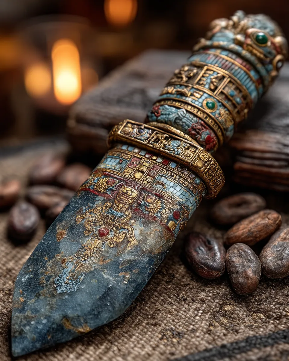 Aztec obsidian sacrificial dagger with turquoise mosaic handle