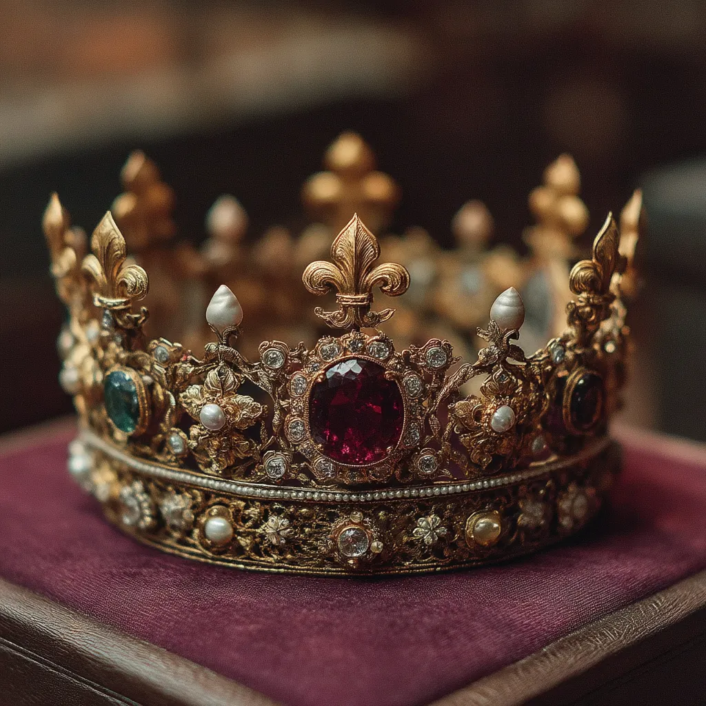 Ancient royal crown with gold filigree and precious jewels