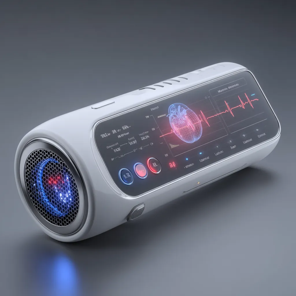 Futuristic diagnostic device with real-time health monitoring display