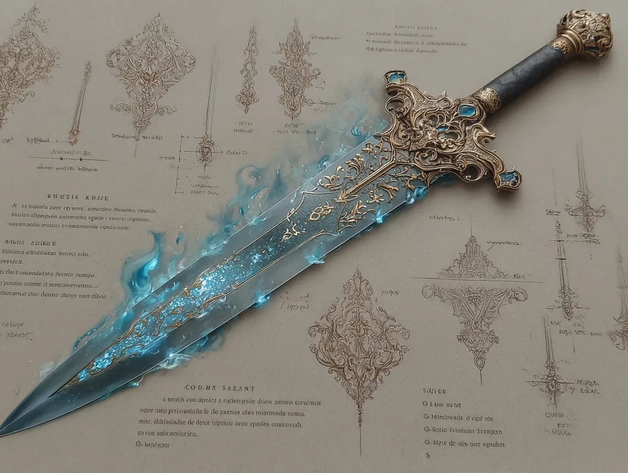 Enchanted longsword with glowing blue runes, mythril blade, ornate crossguard, and magical aura