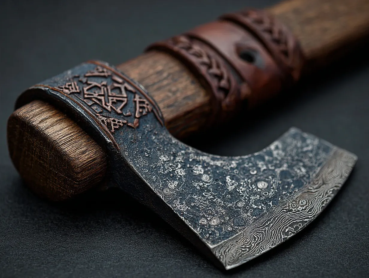 Viking battle axe with damascus steel head, intricate Norse engravings, and aged oak handle