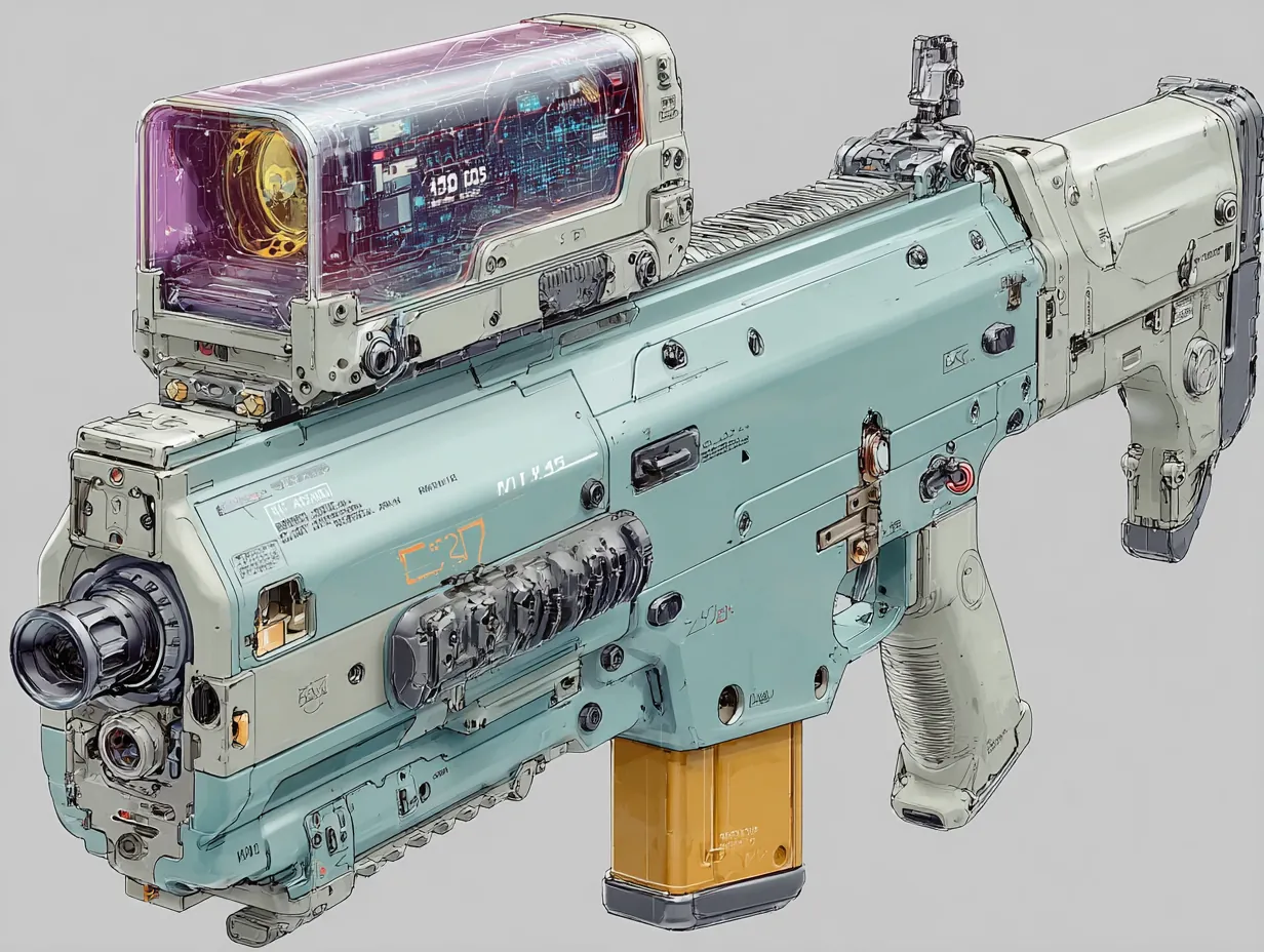 Futuristic plasma rifle with holographic sights, glowing energy core, and sleek nano-alloy construction