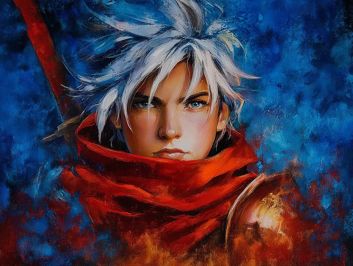 Silver-haired warrior red armor portrait