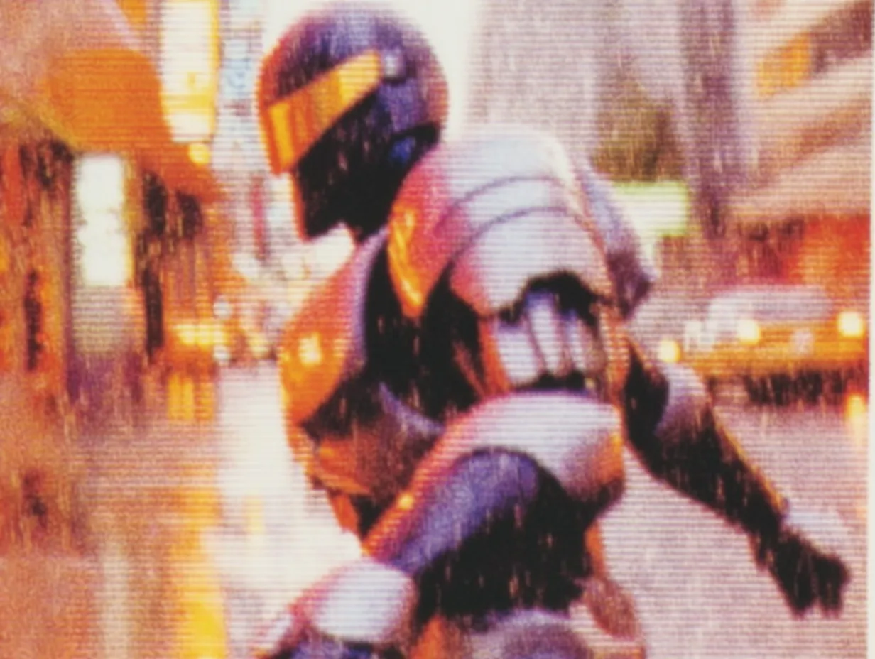 Cyberpunk detective in sleek armor 80s VHS noir style