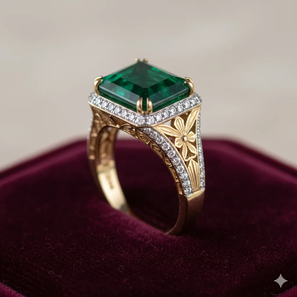 Macro photography of a gold emerald ring on a velvet cushion