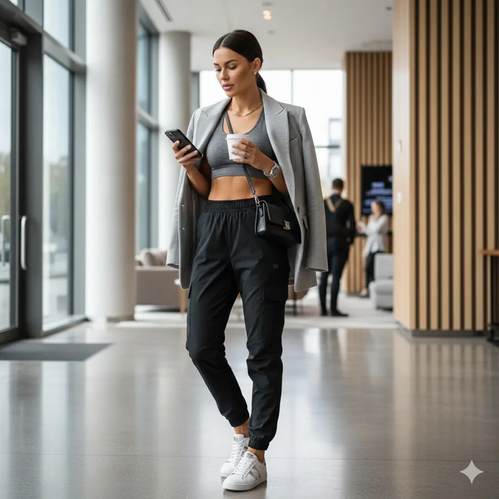 Athleisure fashion shot of model in luxury activewear in upscale urban setting