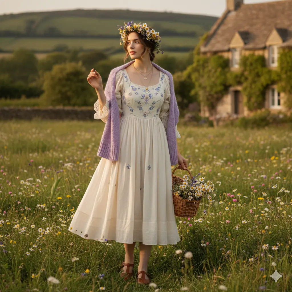 Cottagecore romantic fashion shot in countryside setting with soft florals and vintage details