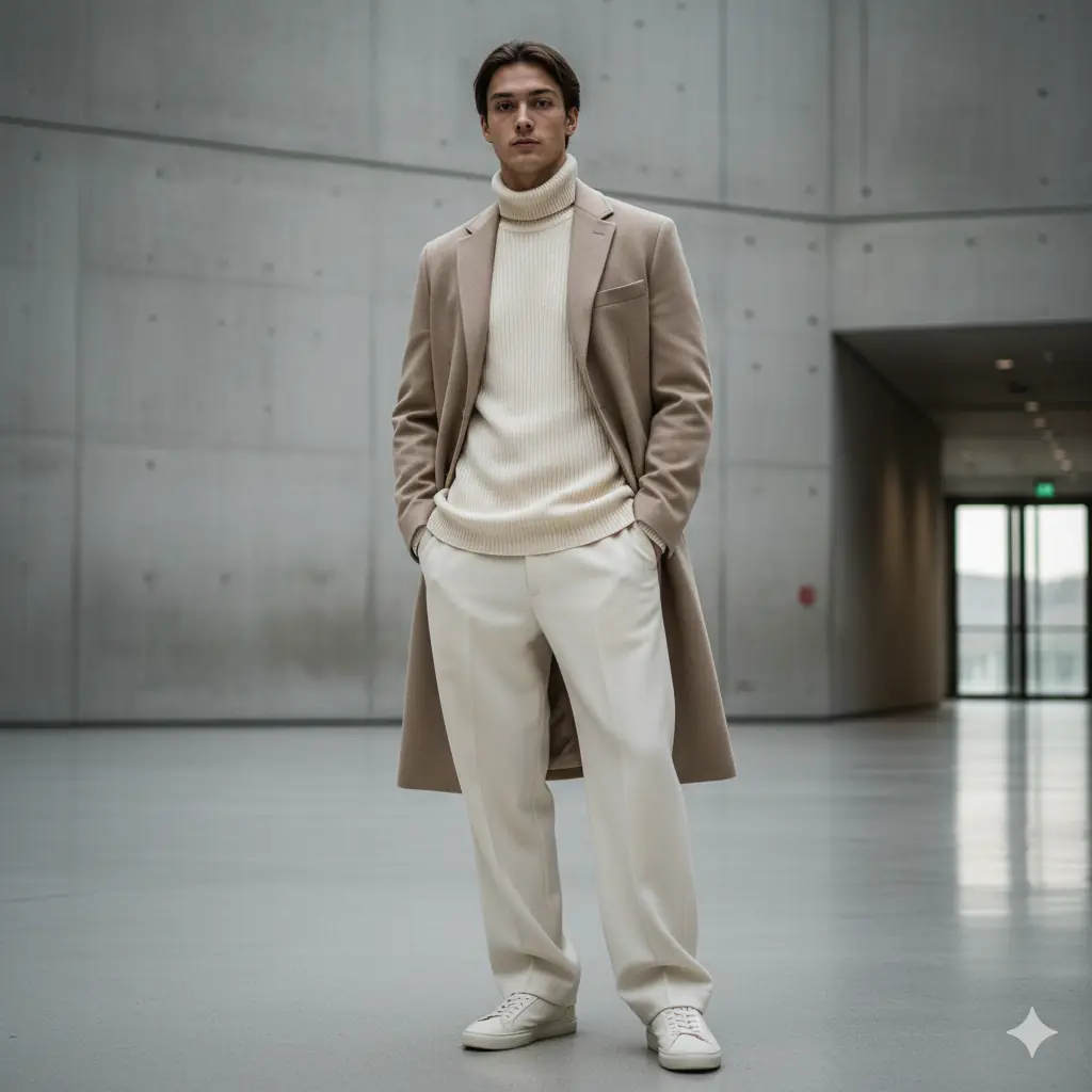 Minimalist luxury fashion shot of model in monochrome tailored pieces in architectural gallery space