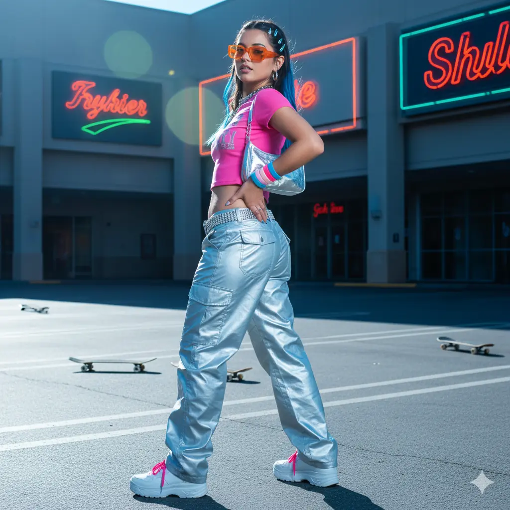 Y2K fashion shot of model in low-rise cargo pants and baby tee with bold color palette