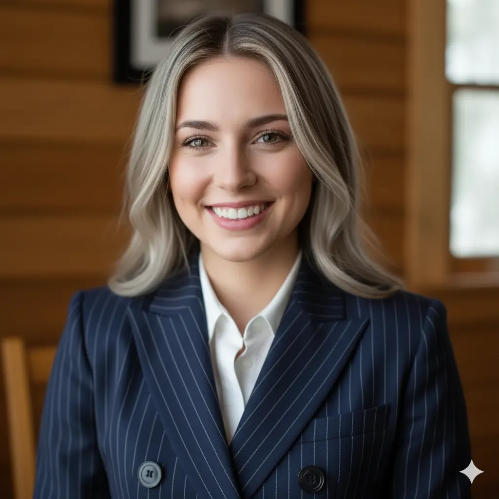 Professional man in navy blue pinstripe double-breasted suit with crisp white dress shirt and structured shoulders