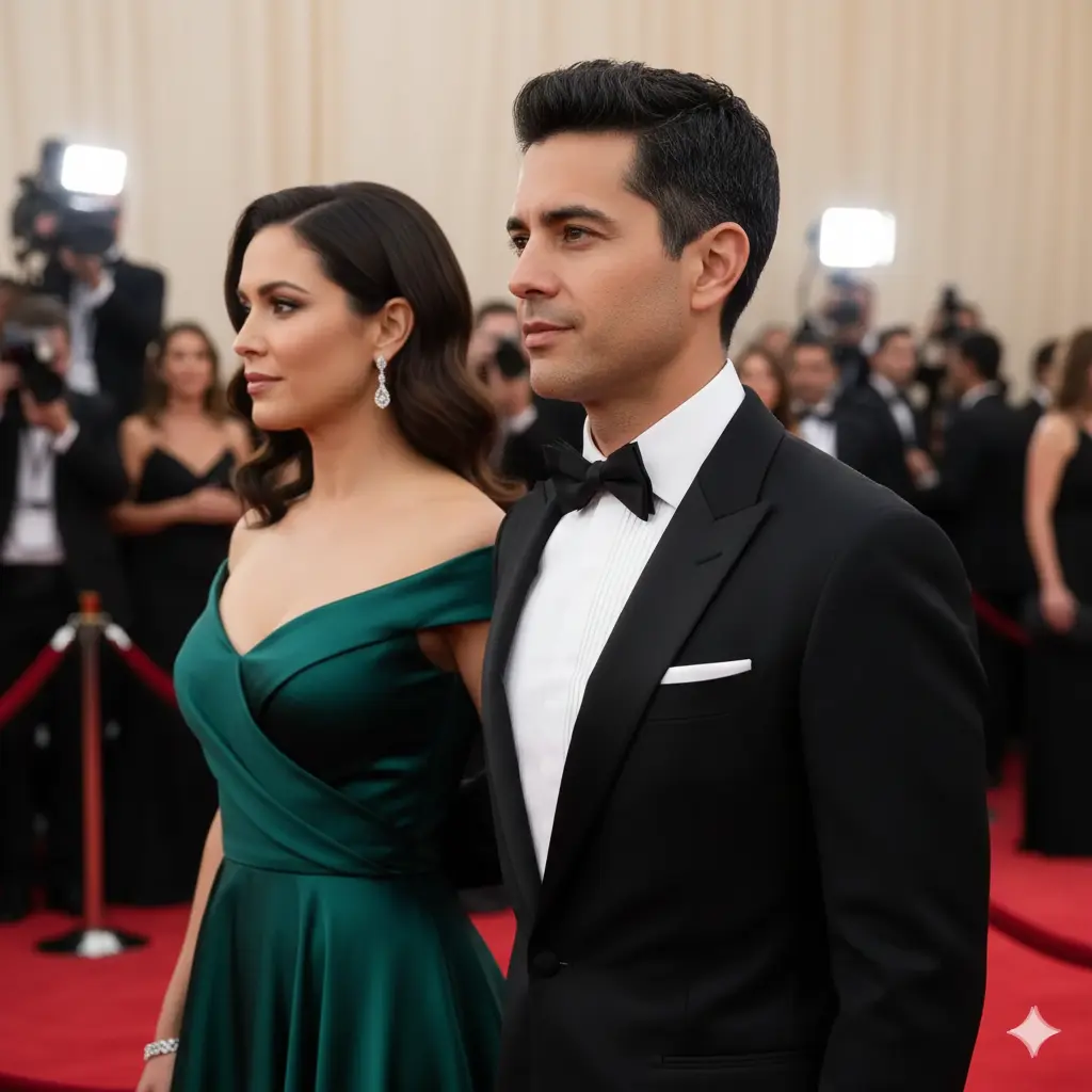 Couple transformed into formal evening wear - man in black tuxedo with crisp white shirt and woman in elegant off-shoulder evening gown in jewel tone
