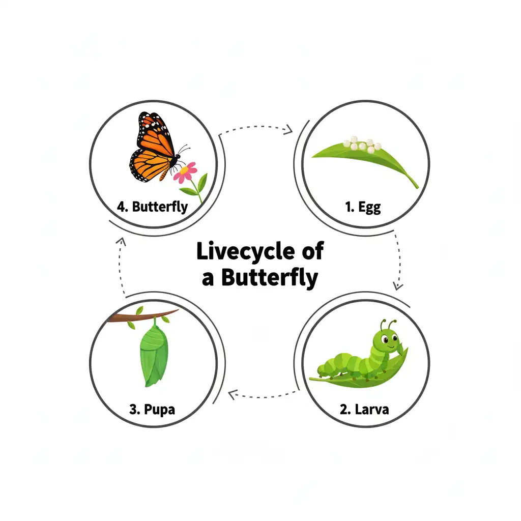 Educational infographic showing the lifecycle of a butterfly with egg, larva, pupa, and butterfly stages