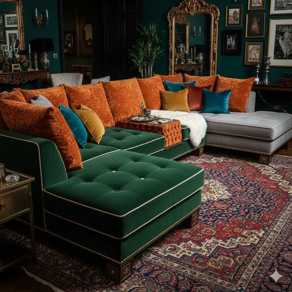 Maximalist modular sectional sofa in opulent setting