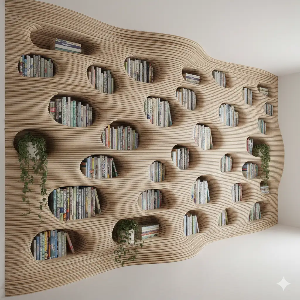 Parametric wooden bookshelf with organic flowing wave pattern