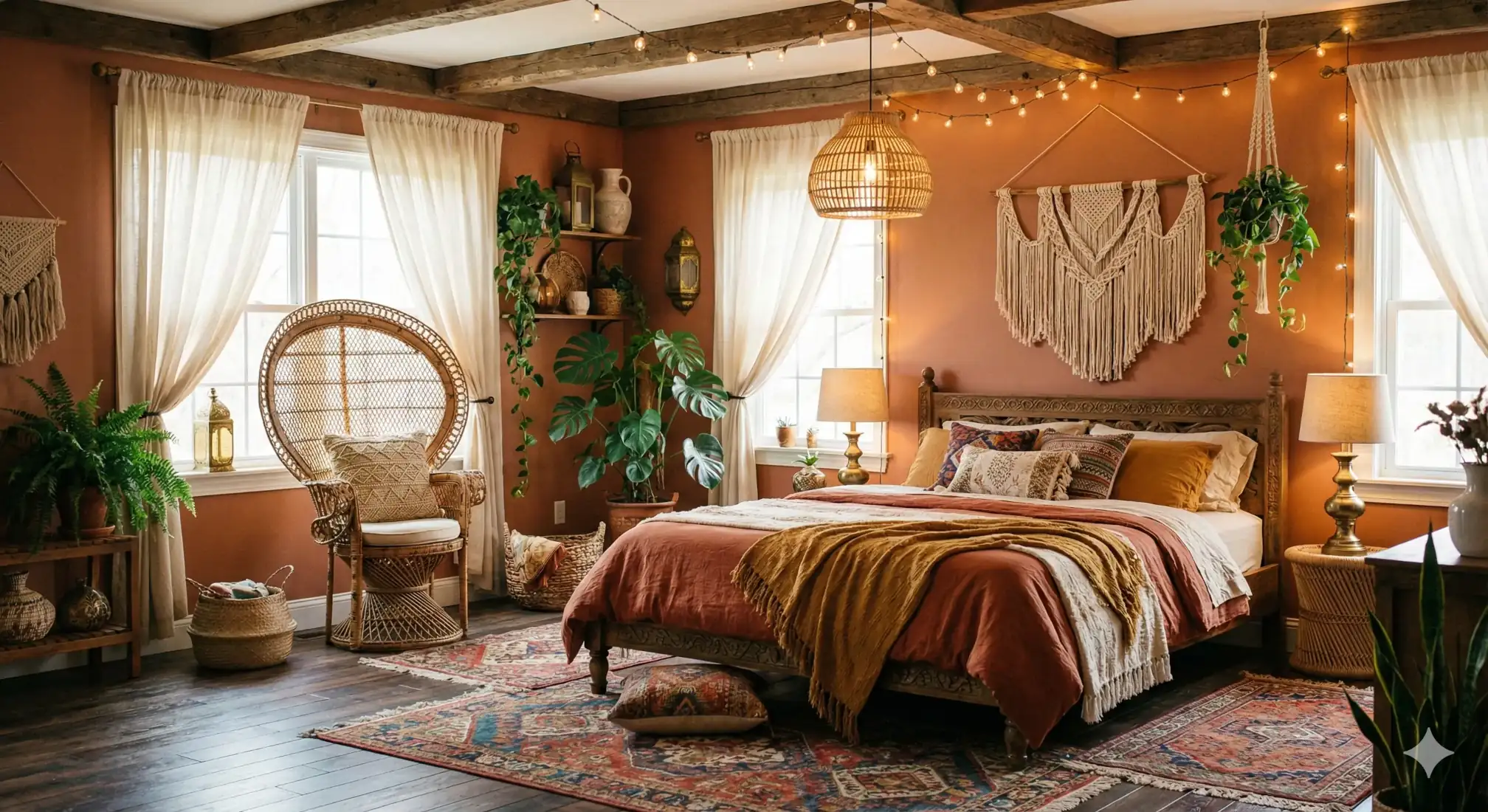 Bohemian bedroom with rich jewel tones, layered textiles, macramé wall hangings, potted plants scattered throughout, vintage brass accents, mixed pattern throw pillows and rugs, warm ambient lighting from string lights and table lamps