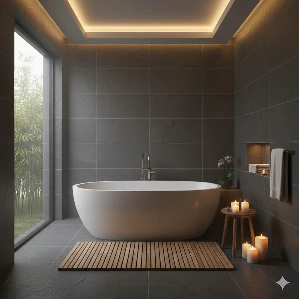 Luxury spa bathroom with zen relaxing expensive vibe, freestanding oval soaking tub as feature, grey slate stone tiles, teak wood floor mat, dim ambient lighting and candles, window overlooking bamboo garden, high-end relaxation retreat, spa aesthetic with natural materials
