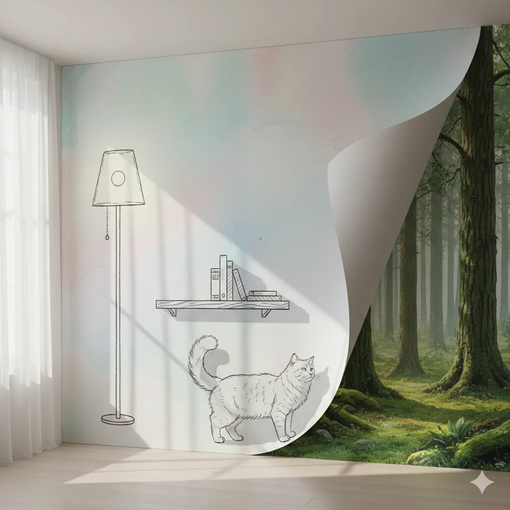 Whimsical mixed-dimension interior design where 2D ink and watercolor paper illustration walls peel back to reveal a 3D photorealistic forest, with a cat positioned half-illustrated and half-realistic, soft morning light and tactile paper texture detail