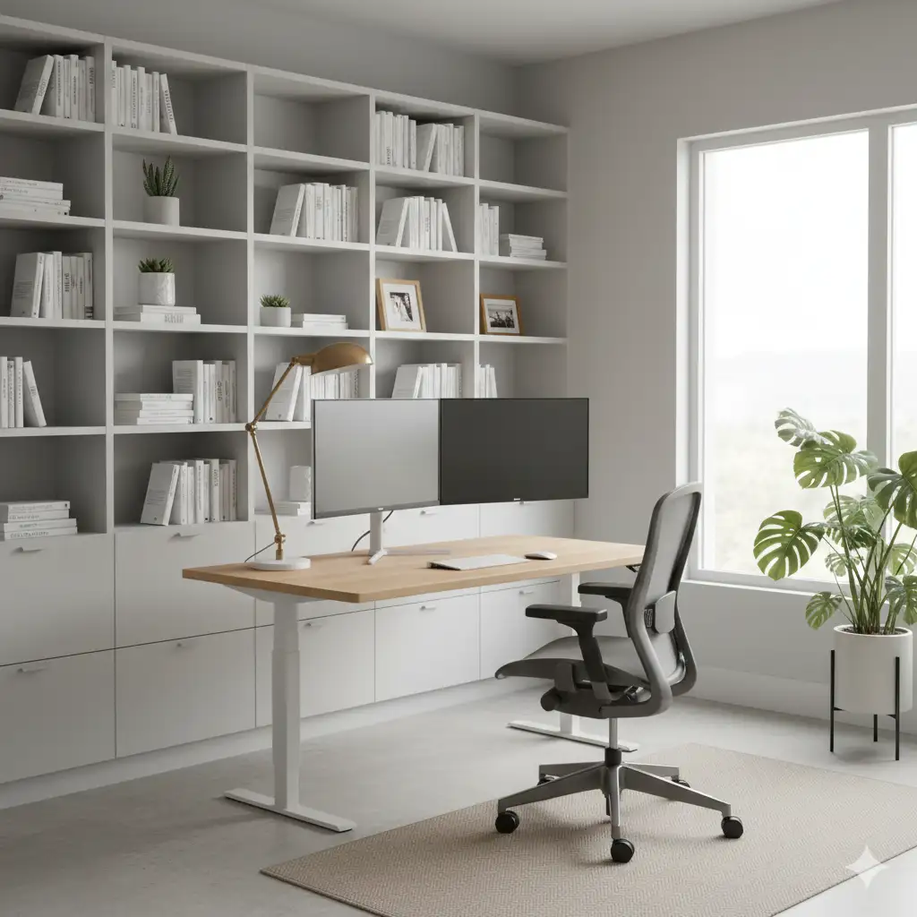 Modern home office setup with bright daylight for productivity, standing desk with dual monitors, ergonomic mesh office chair, built-in white bookshelves with plants, warm desk lamp, functional workspace with natural light, minimalist productivity-focused interior design