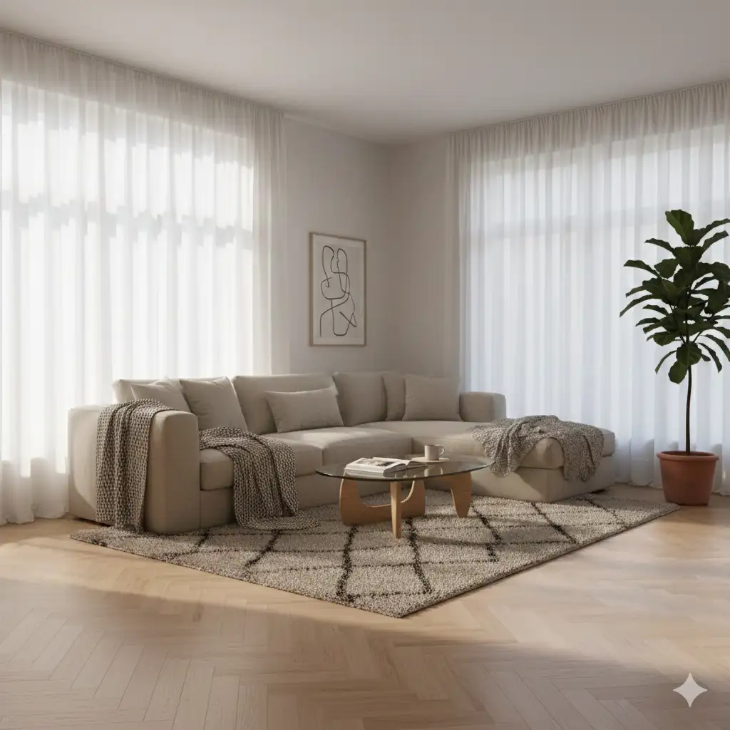 Photorealistic Scandinavian living room interior with modern design, large floor-to-ceiling windows with sheer white curtains, light oak herringbone parquet flooring, soft off-white walls, low-profile beige linen sectional sofa, organic shaped glass and wood coffee table, textured wool Berber rug, potted fiddle leaf fig, abstract line art print, soft morning sunlight streaming through windows creating volumetric god rays and long soft shadows, minimalist cozy hygge atmosphere