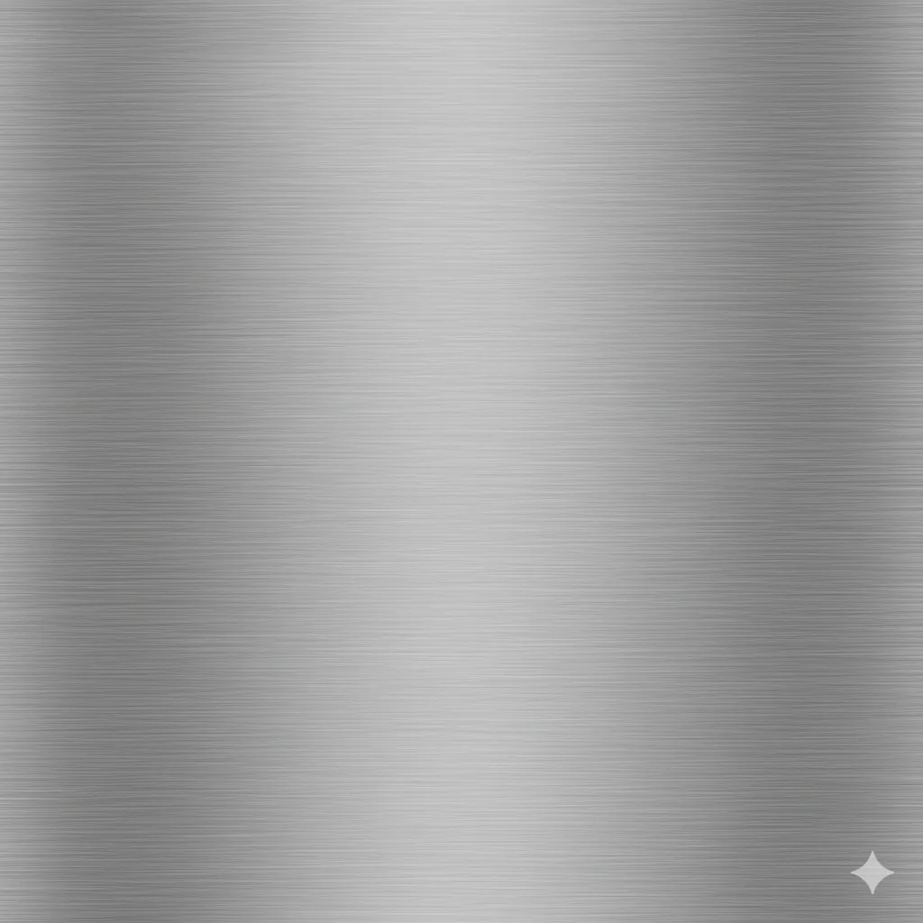 High-resolution brushed stainless steel texture showing directional grain pattern, metallic finish with subtle reflections, industrial material surface, macro close-up photography, even studio lighting, seamless tile for 3D rendering and product design