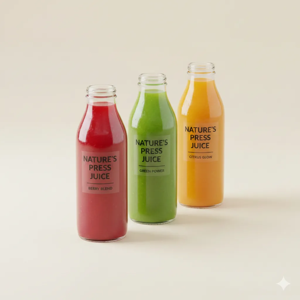 Product family group shot of three juice bottles in red, green, and orange arranged diagonally on white background