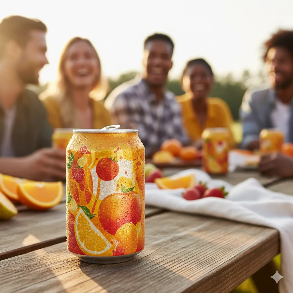 Summer lifestyle product shot of sparkling fruit soda can with condensation on wooden picnic table with blurred people in background
