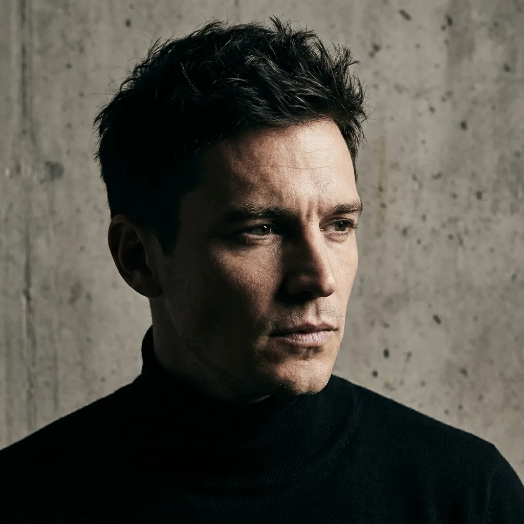 Creative director headshot with black turtleneck and concrete wall background