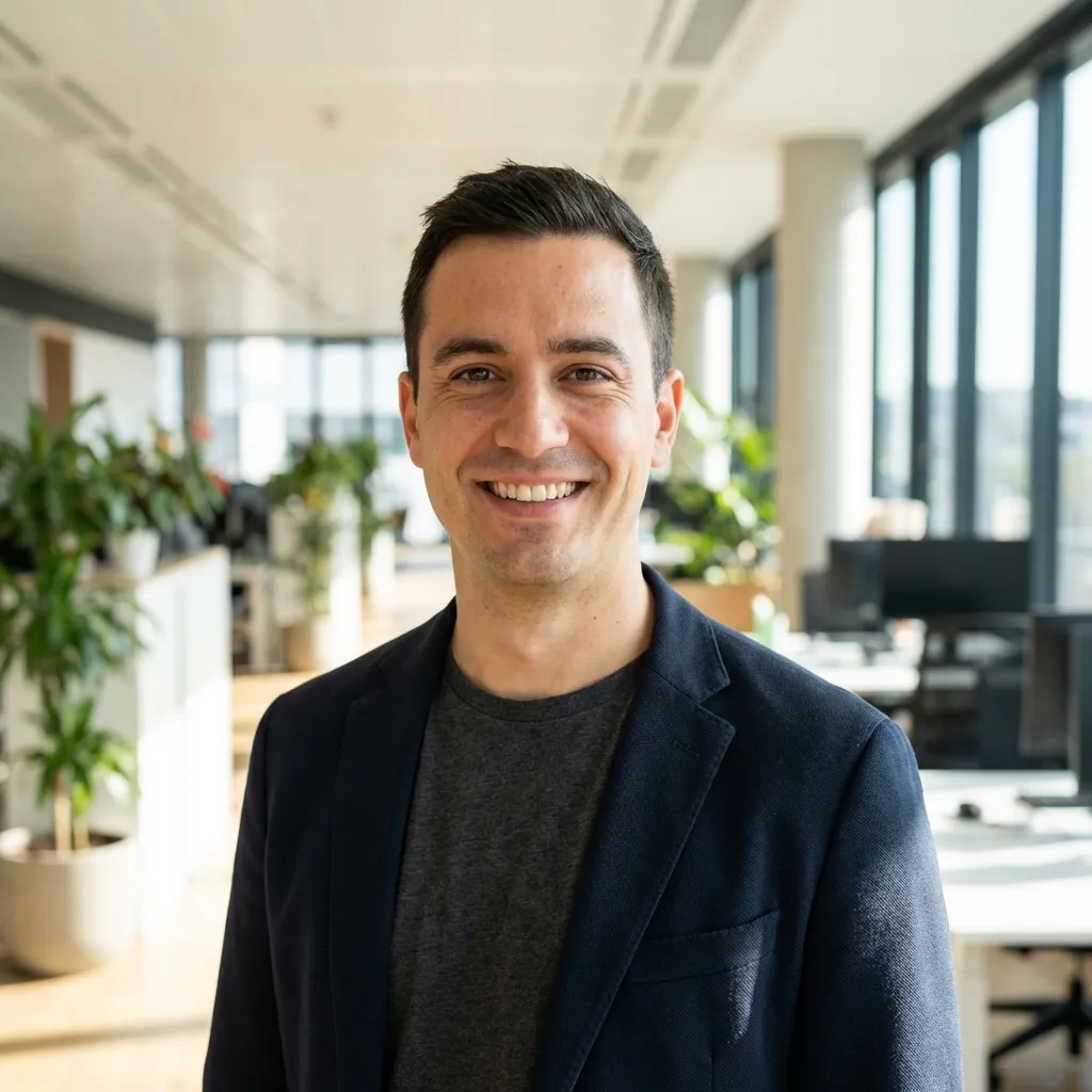 Modern tech founder headshot with grey t-shirt, casual blazer, and bright office background