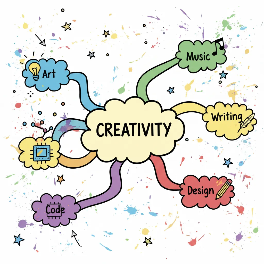 A creative mind map diagram with Creativity in a cloud shape at center, surrounded by 5 colorful branches radiating outward labeled Art, Music, Writing, Code, and Design in a hand-drawn marker style on whiteboard