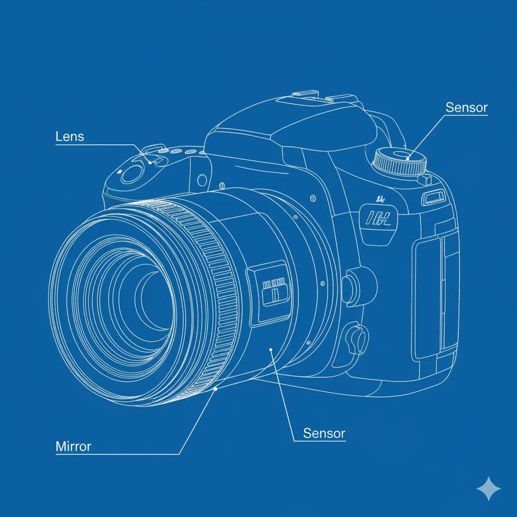 A labeled anatomy diagram of a DSLR camera showing a cutaway view with lines pointing to Lens, Sensor, and Mirror in technical blueprint or line drawing style on a blueprint blue background