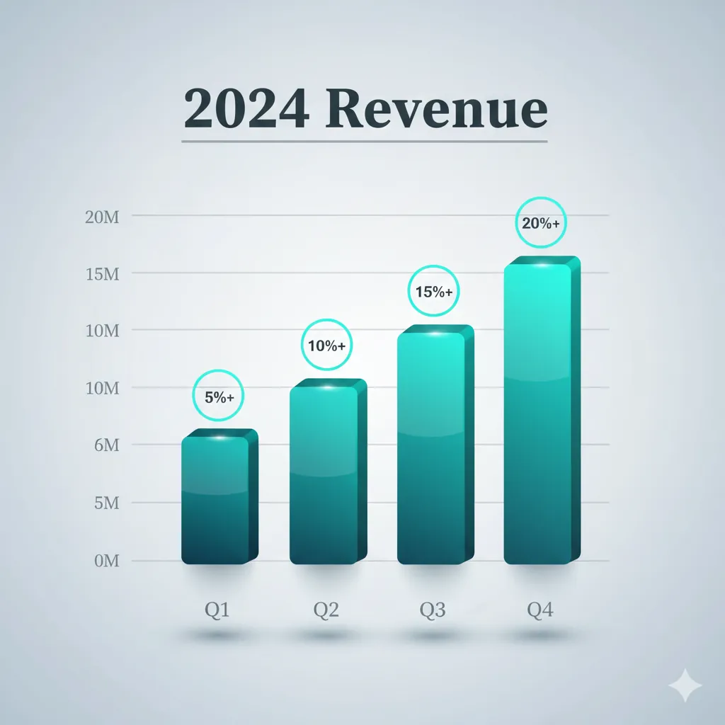 A sophisticated bar chart visualization showing 2024 Revenue with four bars in a teal-to-cyan gradient displaying an upward trend, featuring drop shadows, gridlines, growth percentage badges, and a soft grey gradient background with polished 3D effect