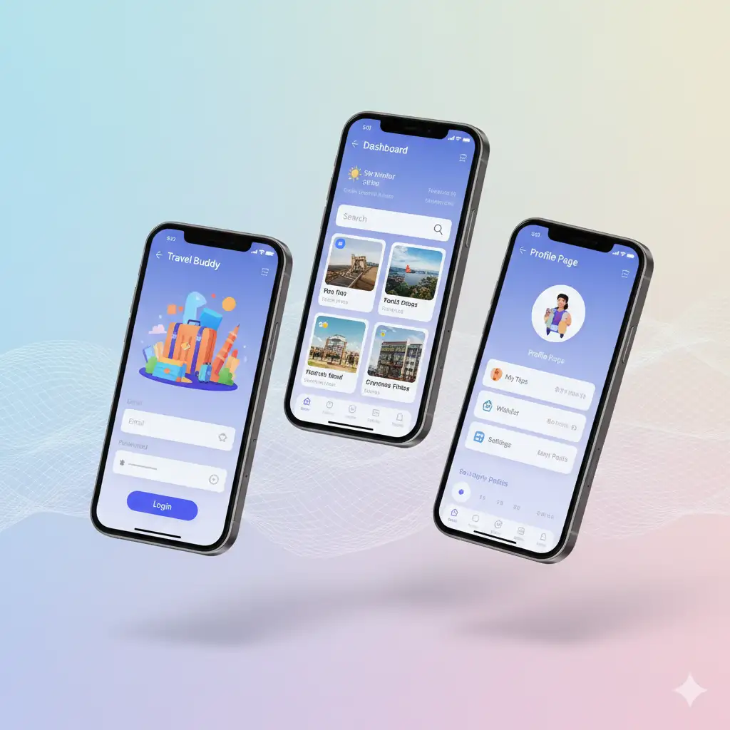 Mobile app screen presentation with 3 iPhone 15 Pro devices side-by-side in floating isometric view showing 'Travel Buddy' booking app with login screen, dashboard, and profile page screens displaying colorful modern UI with rounded corners on soft gradient mesh background
