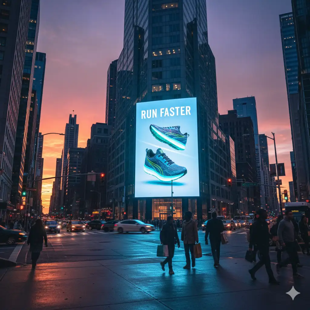 Realistic city billboard mockup at sunset showing a large glowing digital billboard on a building side with a sneaker ad displaying 'RUN FASTER' and a running shoe, busy city intersection at street level, low angle perspective looking up, billboard illuminating the street