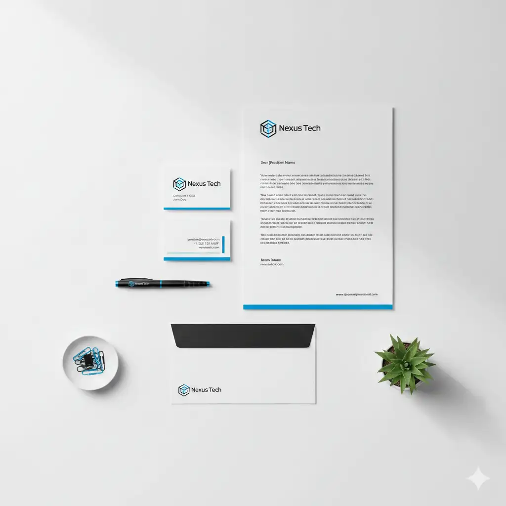 Matching brand identity stationery set for 'Nexus Tech' featuring business cards front and back, A4 letterhead with typed text, C5 envelope, pen, paper clips, and succulent plant arranged in knolling flat lay grid on clean white desk surface, minimalist black and white palette with electric blue geometric hexagon logo, clean modern tech startup aesthetic, soft overhead softbox lighting