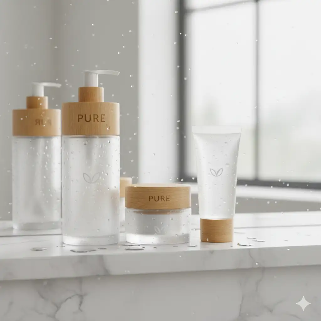 Cosmetic product line collection for 'PURE' skincare brand featuring tall pump bottle, small glass jar, and tube with frosted glass packaging and bamboo lids standing in a row on bathroom marble shelf with water droplets, premium family shot arrangement