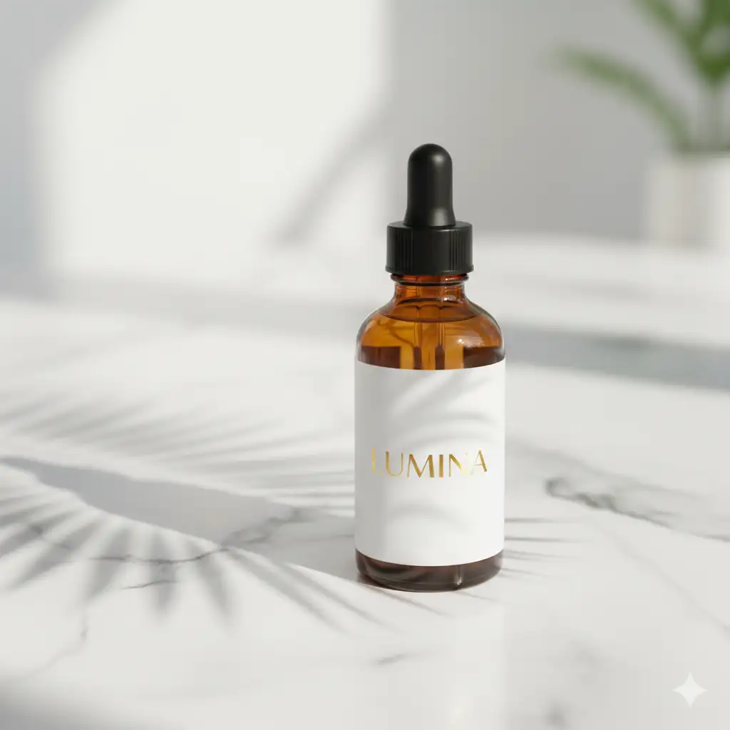 Professional product shot of an amber glass dropper bottle labeled 'LUMINA' with white minimalist label and gold foil text, placed on white marble countertop with palm leaf shadow and soft natural lighting, conveying luxury skincare aesthetic
