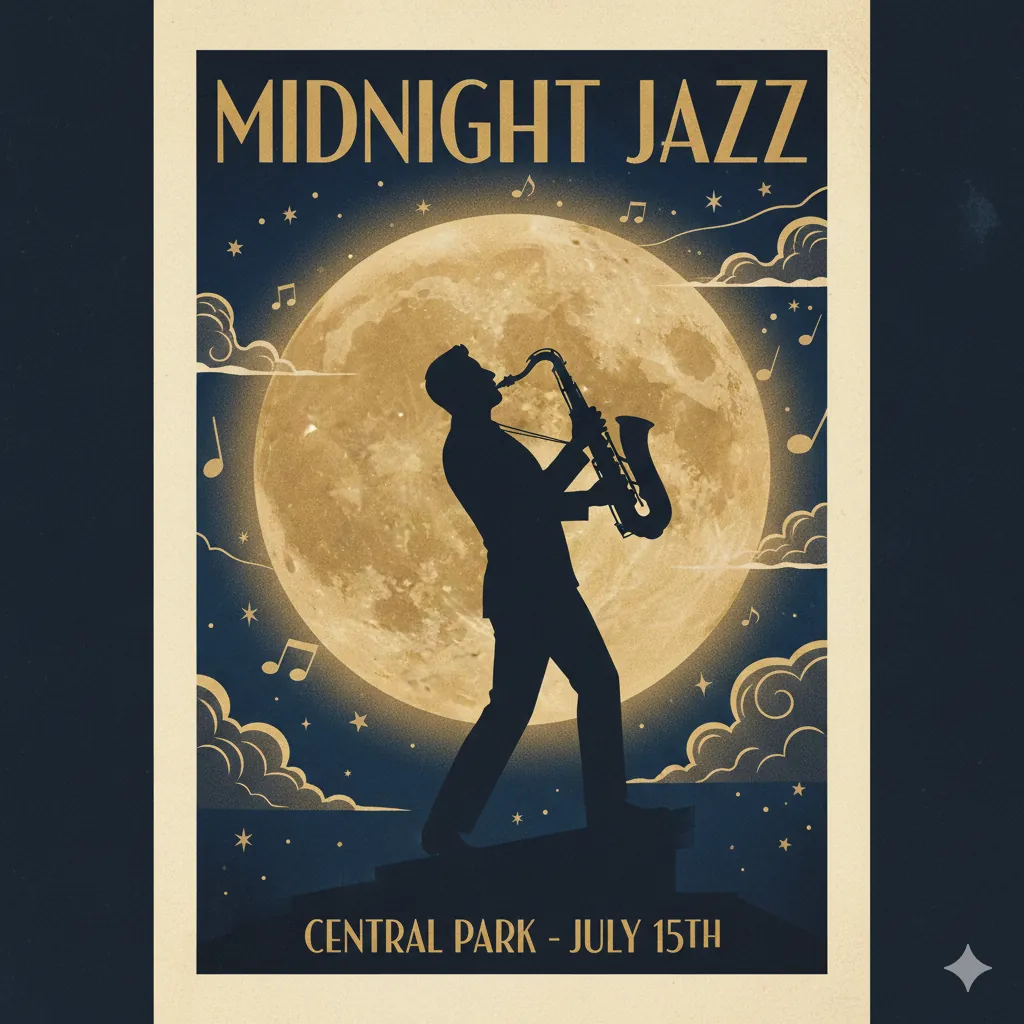 Vintage-style jazz festival poster with Art Deco typography and saxophone player silhouette