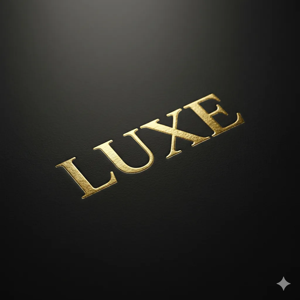 Luxury gold foil typography 'LUXE' embossed on black cardstock with macro lighting
