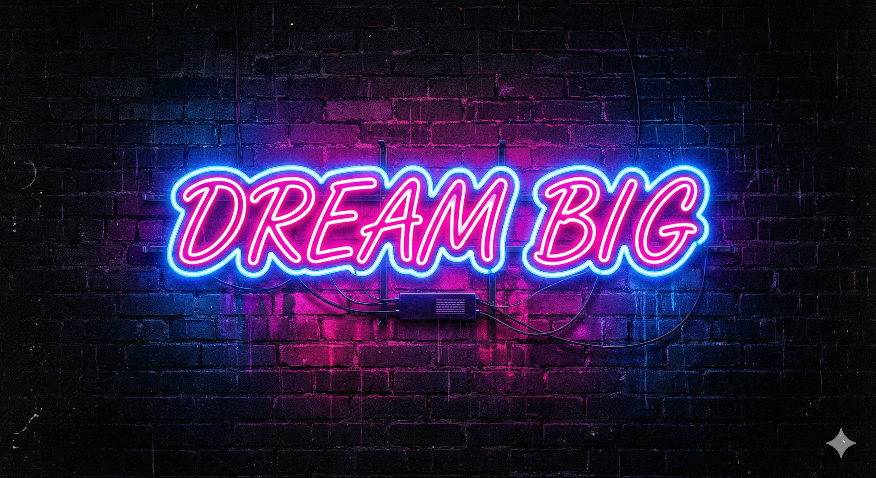 Neon sign typography 'DREAM BIG' in hot pink with electric blue glow on black brick wall